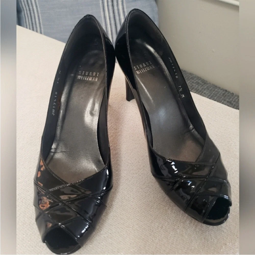Stuart Weitzman Black Patent Peep-Toe Heels
